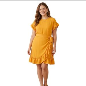 Wilfred Aritzia Ninette Ruffle Wrap Mini Dress Tuscan Sun Yellow/ Marigold Large
